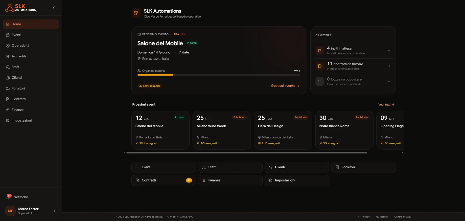 Dashboard di Staffea con il prossimo evento e i contratti da firmare